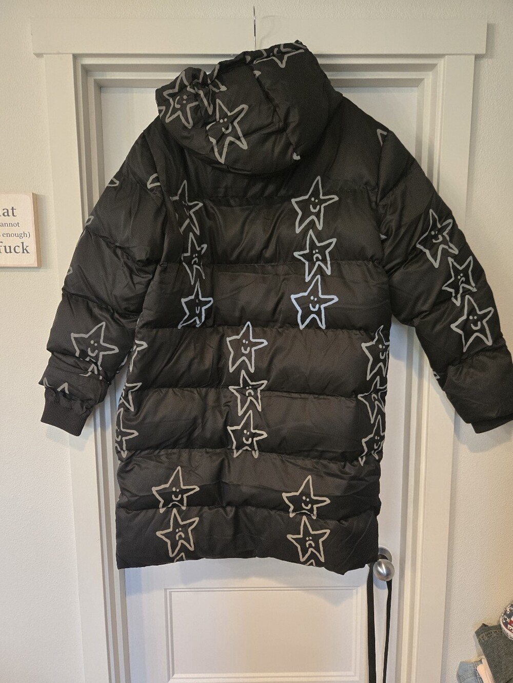 NWT! Lazy Oaf Happy Sad Reflective Print Longline Puffer Coat. Size S - Picture 10 of 16